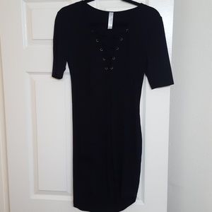 Deep V Black midi dress